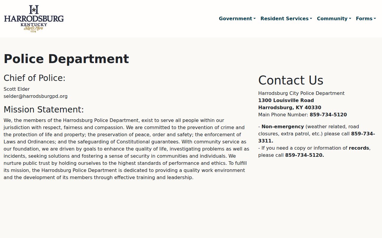 Official Harrodsburg Police Department contact page showing address and telephone information