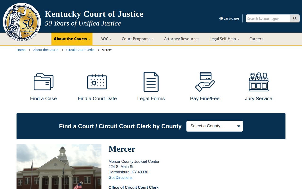 Kentucky Courts Mercer County information page for case follow-up
