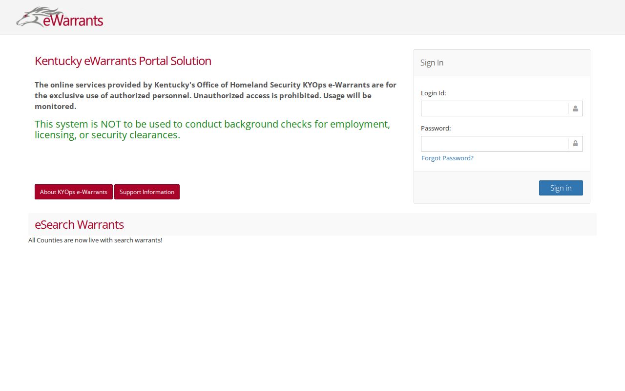 Official Kentucky eWarrants login page without public name search
